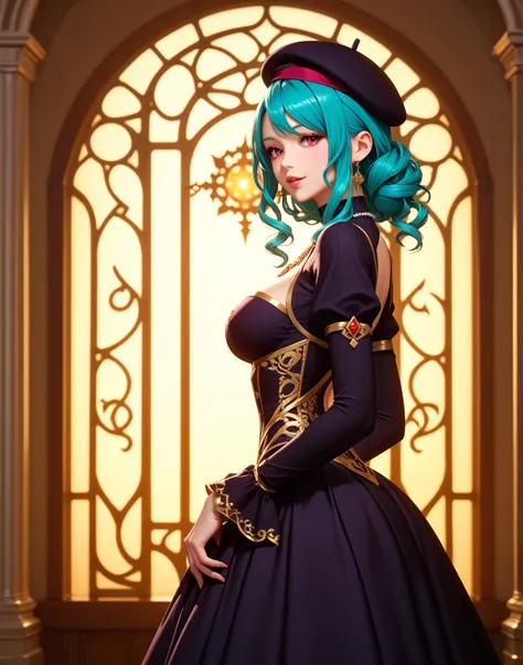 "A highly detailed 3D-rendered anime CG-style illustration of a young woman with long turquoise hair flowing beautifully down her back. She is wearing an intricate black dress with deep burgundy accents, adorned with elaborate gold embroidery. Her outfit i...