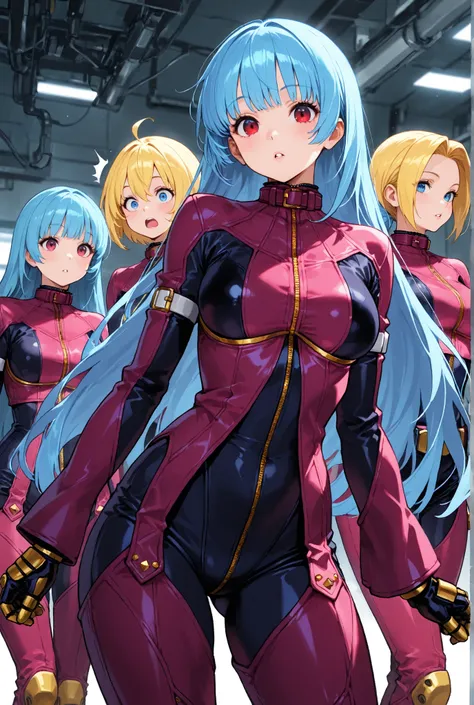 5girls, Kula Diamond and her clones from King of Fighters, King of Fighters, Kula's suit, Dimly lit lab, They have different hair colors (each girl), medium breasts, parted lips, Kula's clones, the clones are surrounding her,, looking at the viewer, surpri...