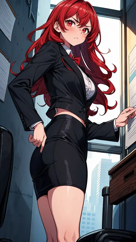 ((masterpiece, best quality:1.3, high detail)), (1girl), beautiful angry business woman, solo focus, long wavy hair, red hair, (black blazer), (black pencil ((skirt)), wide hips, office, wall, (view from below),