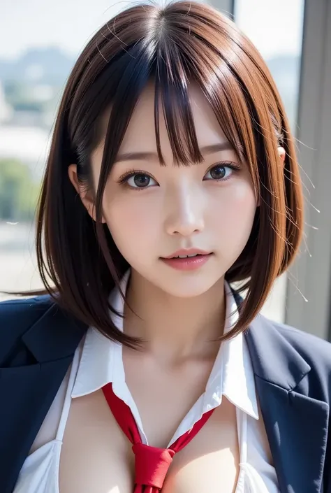 A breathtaking cowboy shot of an 18-year-old Japanese idol girl, dressed in a white shirt with a red tie and a dark blue jacket (1.2). The portrait is incredibly detailed and realistic, rendered as a RAW photo with exceptional quality. Her short hair and b...