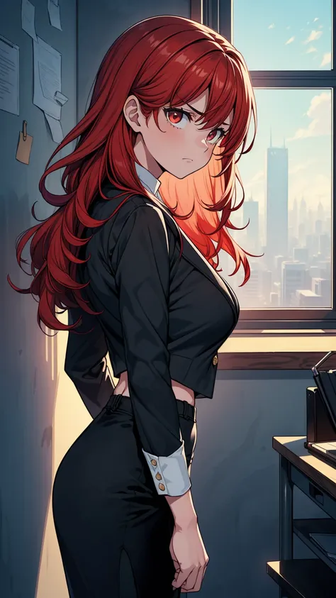 ((masterpiece, best quality:1.3, high detail)), (1girl), beautiful angry business woman, solo focus, long wavy hair, red hair, (black blazer), (black pencil ((skirt)), wide hips, office, wall, (view from side),