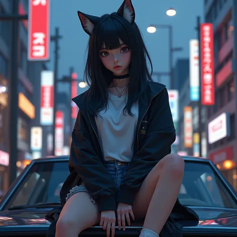 a highly detailed portrait of a beautiful black-haired wolf girl with expressive eyes and a perfect face, wearing a white shirt, black jacket, jean shorts and white adidas shoes, sitting on the hood of a car in a Tokyo night city background, (best quality,...