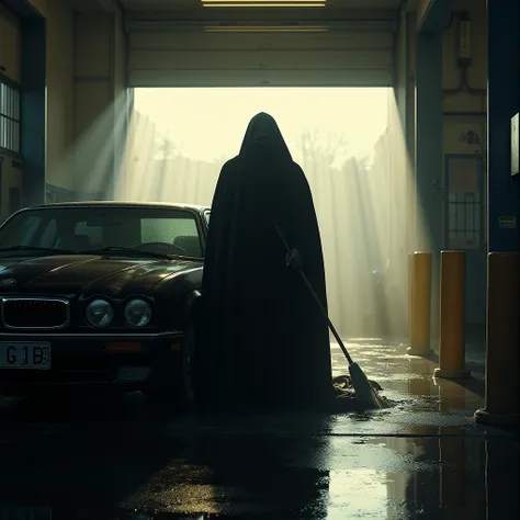 A mysterious dark being is dressed completely in black cleaning a car in a car wash , The place is sunny  . 