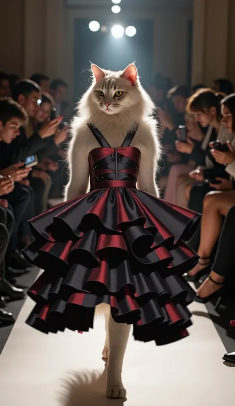 A cat of a noble breed, such as a Persian or a thin white Maine Coon, gracefully parades down a comfortable fashion catwalk, surrounded by paparazzi. She wears a short black couture dress with red details, tight to the body with small pearls scattered thro...