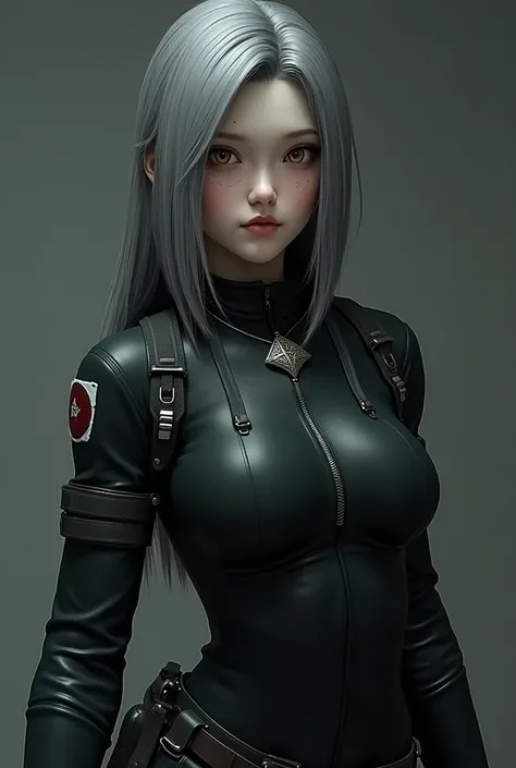  image in the style of Resident Evil 2 REMAKE . 
20-year-old girl with playful eyes with fine features and full lips, long gray hair,  bright amber eyes ,  pale skin with visible bluish veins on her neck .  Tight black uniform type tactical infiltration su...