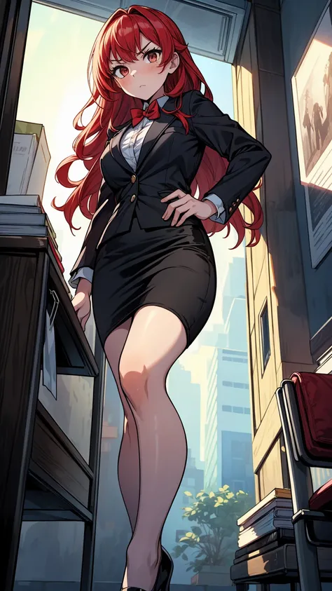 ((masterpiece, best quality:1.3, high detail)), (1girl), beautiful angry business woman, solo focus, long wavy hair, red hair, (black blazer), (black pencil ((skirt)), office, wall, (view from below),