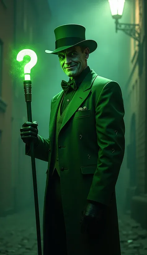 Create a dark and gritty ultra-realistic live-action image of a fusion between The Riddler and The Penguin from Batman. The character has the intelligence and mysterious aura of the Riddler, wearing a green suit with question mark patterns, but with the st...