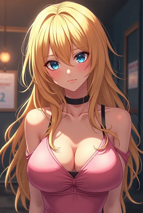 blonde haired anime girl with a skimpy party dress who has blue eyes long hair big chest messy hair mischievous expression on her face