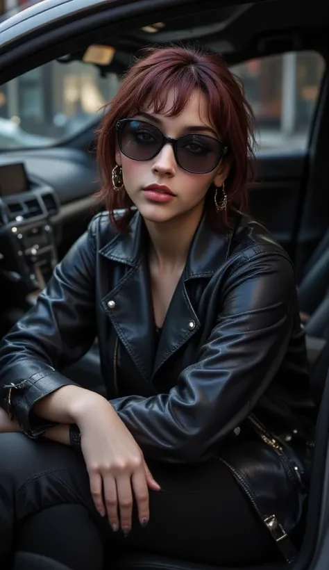 A beautiful woman, sits in a car.  Reclined pose with elbows on the car's interior window.  She's wearing large, dark sunglasses, and a black leather biker jacket.  The jacket is styled in a relaxed, slightly oversized fashion.  Neutral-toned makeup, subtl...