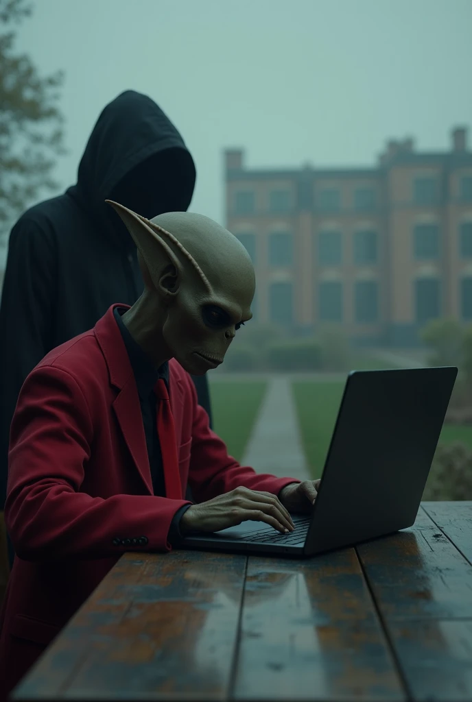 Full body photograph of an alien wearing a red jacket and red tie studying at a table with a laptop next to a dark and mysterious being dressed completely in black. Terror and you can't see his face,   fog  . And in the background there is a university. 