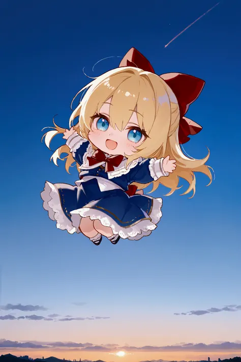 1girl\(shanghai_doll\),chibi,flying sky,smile,:d,(dynamic pose:0.25) , 748cmstyle,masterpiece, best quality, 8k, highres, ultra-detailed,HDR, UHD, professional, vivid colors