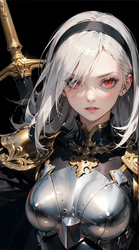 masterpiece, best detail, ultra-detailed, dynamic lighting, detailed face, (fine hair detail), shiny hair, glistening skin, 1girl, (black sclera:1.2), red eyes, glowing eyes, black and gold armor, white hair, black hairband, hime cut, holy light armor, hug...