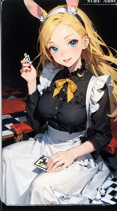 (MASTERPIECE: 1)(BEST QUALITY: 1)(HYPER DETAIL: 1)
anime style,One, one girl, blonde hair, long hair,strate hair, black ribbon hairband, blue eyes, big eyes, apron dress, yellow dress, frilly dress, chess, rabbit, card, mischievous smile,