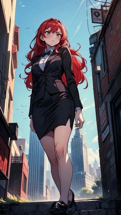 ((masterpiece, best quality:1.3, high detail)), (1girl), beautiful angry business woman, solo focus, long wavy hair, red hair, (black blazer), (black pencil ((skirt)), city, (view from below),