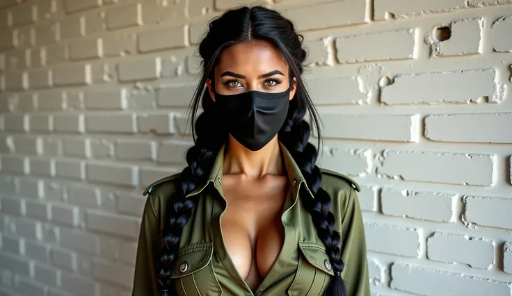 beautiful latina, Long black hair braid ,  very large breasts,  large round buttocks , Mexican army uniform , black face mask,  green eyes,  brick wall painted white, good light, happy