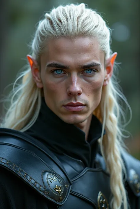  Create an elf man with long blond hair , tied partially ,  allowing some locks to slide down his back. The ears, Lightly pointed , they denounced their race .  Eyes — a crystalline blue ,  as the purest water ,  intense and impenetrable . Your skin,  of a...