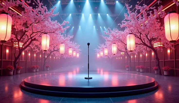 A circular live stage, captured from the front. The stage is empty except for a single microphone stand. Behind the stage, eerie neon lights and traditional Japanese lanterns create a cyberpunk atmosphere. Dim lighting and softly glowing paper lanterns add...