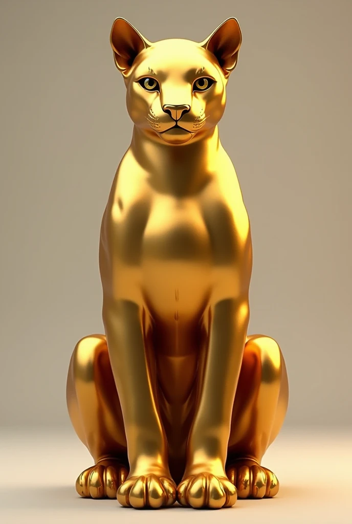 Realiza una estatua de un puma color oro completo sentado en 2 patas con una textura Lisa 