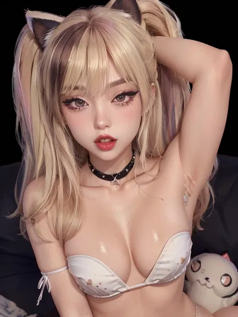  1 girl, Alone, Egirl,   blondeの甘い髪, straight hair,  Devilhorn , Dog Collars,  eyeliner,  mascara,  eyeshadow in the missionary position,  Smokey Eye , Beautiful nose,teeth, Egirl_face, Sofa,  selfie, beautiful skin、8k,Alluring, (CG Unity 8kの壁紙を極端な詳細で， Mas...