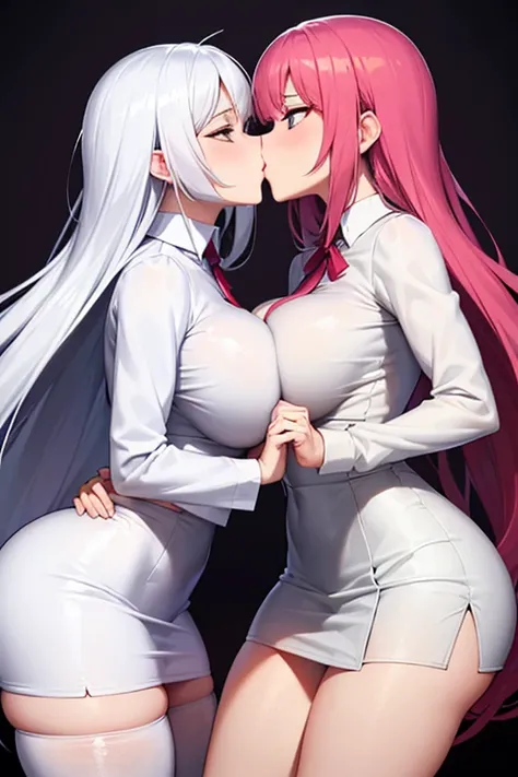  wears a tight skirt , wearing a white shirt,Hyper Largest _boobplate!!( that she is a lesbian ) that he kisses a woman  , that their parts touch each other  (Have their breasts touched while they kiss 