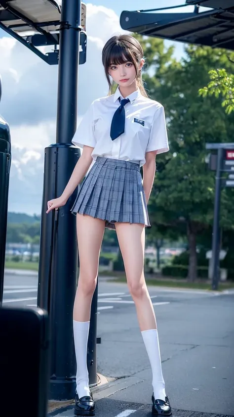  traditional Japanese high school girl uniform、 white short sleeve shirt、Navy blue accents on cuffs 、(Miniskirt is a pleated skirt 、 dark blue plaid short skirt、Tiny mini skirt)、((( thigh-high white socks、 knee-high socks)))、 black loafers(((((((( long leg...