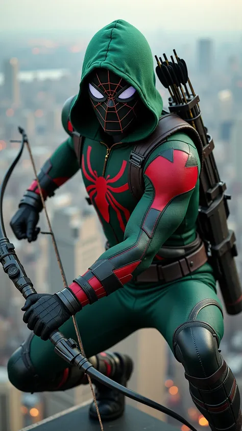 *"A legendary warrior born from the fusion of agility and precision—behold, the Spider Arrow, a master of both webs and archery. Perched high above the city skyline, this hybrid hero blends the acrobatics of Spider-Man with the tactical prowess of Green Ar...