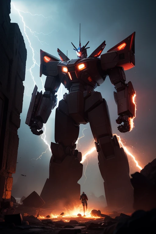 A towering and powerful giant robot silhouette standing against a dramatic cosmic backdrop. The robot should have a unique and original design, avoiding resemblance to existing mecha. The scene features an intense energy aura, with crackling lightning and ...