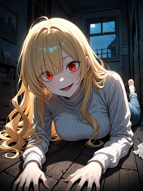 1girl, solo, plain fitted white sweater, black plain jeans, blonde hair, long wavy hair, terrifying stare, curvaceous figure, fair white skin, calm, intense stare, scary smile, crimson iris, red iris, highly detailed eyes, expressive eyes, natural eye shap...