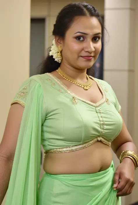 A  indian plus size aunty  wears light milk green colour blouse (Sharp breasts) she wears same milk green saree , saree bottom droped in hand, (showing her blouse Breasts view) she has fleshy wide stomach,  she standing near the dressing table