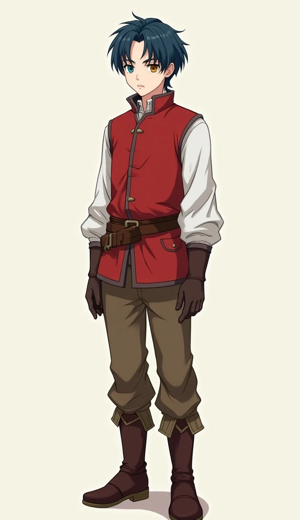  ADULT human messenger of a height of 1.7 M. White-skinned, adult and thin, short dark blue hair brushed backwards .  He wears a white long-sleeved shirt , red vest closed by buttons, The vest is fastened by a belt,  brown pants , and brown boots.  his rig...