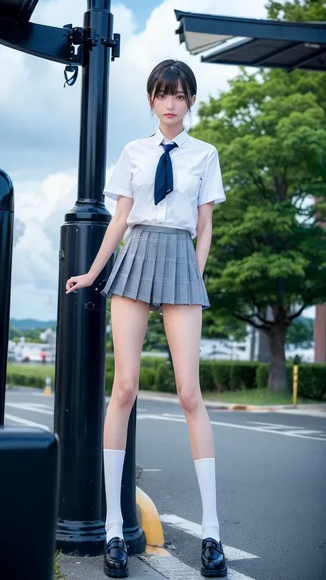  traditional Japanese high school girl uniform、 white short sleeve shirt、Navy blue accents on cuffs 、(The miniskirt is a pleated skirt 、 a dark blue plaid short skirt 、Tiny mini skirt)、((( thigh-high white socks、 knee-high socks)))、 black loafers(((((((( l...