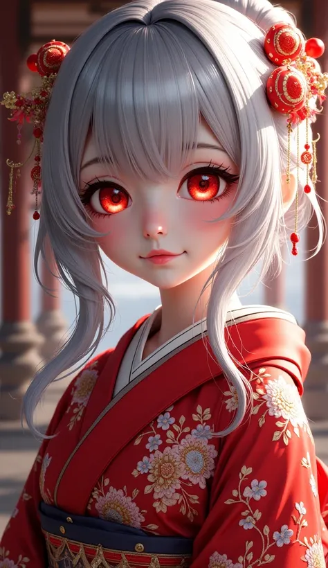 an anime geisha girl with silver hair and red eyes and a historical clothes