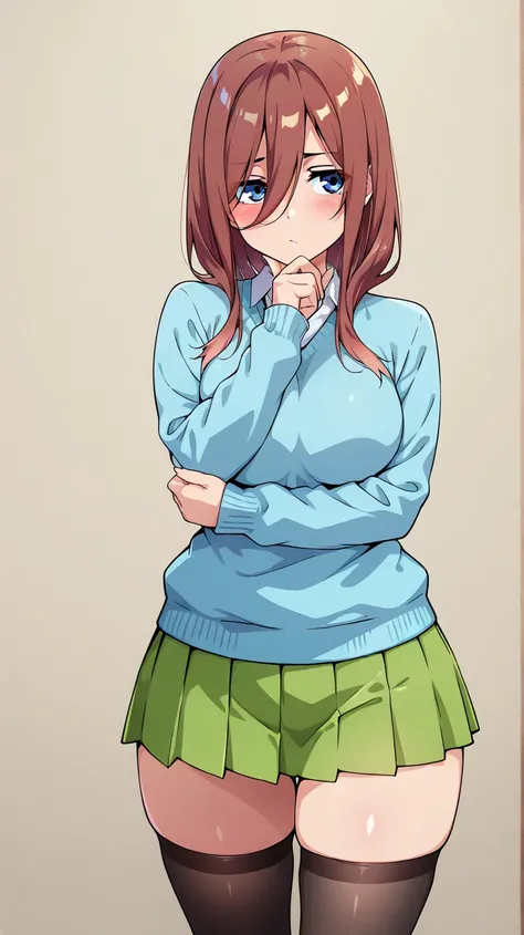 ( masterpiece, the best quality, amazing quality),( official style),  Simple background , latest ,1 girl, miku nakano, The Quintessential Quintuplets , shiny skin,   long hair,Shiny hair, alone,  blue eyes, ,(blue sweater),  Medium Breasts, green skirt , (...