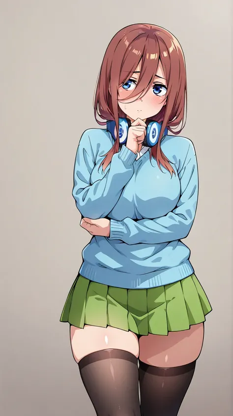 ( masterpiece, the best quality, amazing quality),( official style),  Simple background , latest ,1 girl, miku nakano, The Quintessential Quintuplets , shiny skin,   long hair,Shiny hair, alone,  blue eyes, ,(blue sweater),  Medium Breasts, green skirt , (...