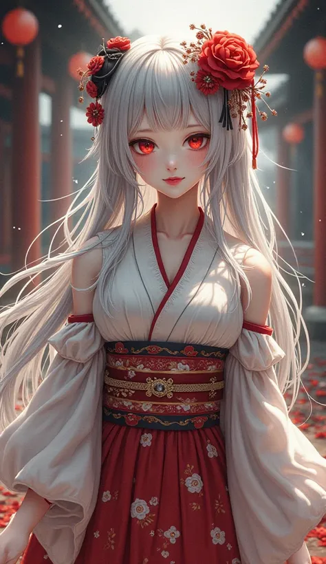 an anime geisha girl with silver hair and red eyes and a historical clothes with full body