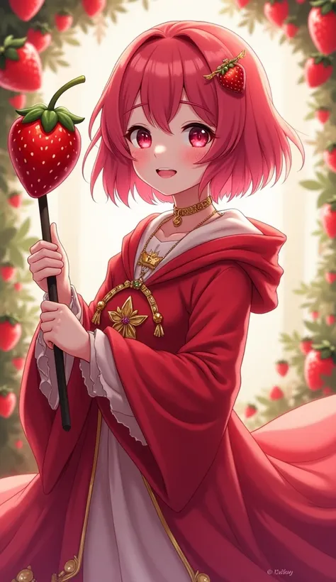 Anime style, Red hair, Short hair, Pink eyes, Smile, Female, Girl, Beautiful, Red Wizard outfit, Strawberry Wand, Magic wand, Holding wand, Illustration, Strawberry background, Holding Rod