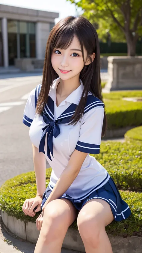 ((​masterpiece)), (( top quality)), photo,  4/5 upper body portrait,　sailor student uniform、the most beautiful girl, very slim、realistic、big round breast, upskirt, detailed skin, detailed eyes, Bewitching goddess 