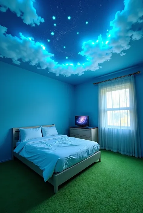 Small, fruitiger aero room, grass green shag carpet, sky blue colored walls, ceiling with blue sky and clouds design, glow in the dark star stick ons on ceiling, nothing in room except singular bed against wall and a small tv on the wall across from it. 