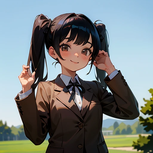  upper body up,  1 girl,  girl, age14, student, shy,  black hair,  twin tails,  darker than your age,  school uniform ,  brown blazer,  pleated skirt,  Plaid Skirt,  black ribbon, private girls' school , Young lady,  cute, smile, blue sky,  Retreat