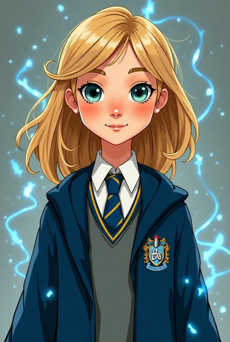 
1. The character is a medium-height, slender, white girl, with blue-green eyes and dark blond hair. Her hair is medium length and a little bit wavy. She has freckles. She is wearing a Ravenclaw uniform (shirt with a tie and a Ravenclaw cape). She is weari...