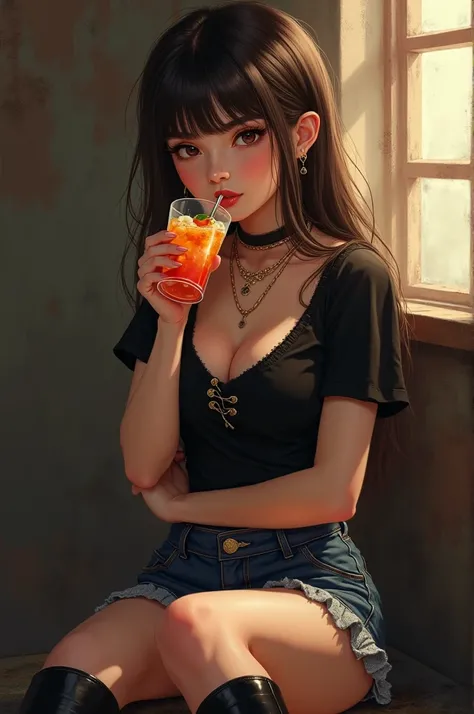  Create a 25-year-old girl ,  brown eyes ,hair with skinny bangs ,  small breasts, small butt,  wearing a rock t-shirt, denim skirt, Knee-high boots,  in a sensual position ,  drinking a fruit drink , masterpiece, hyperrealistic,  high quality.