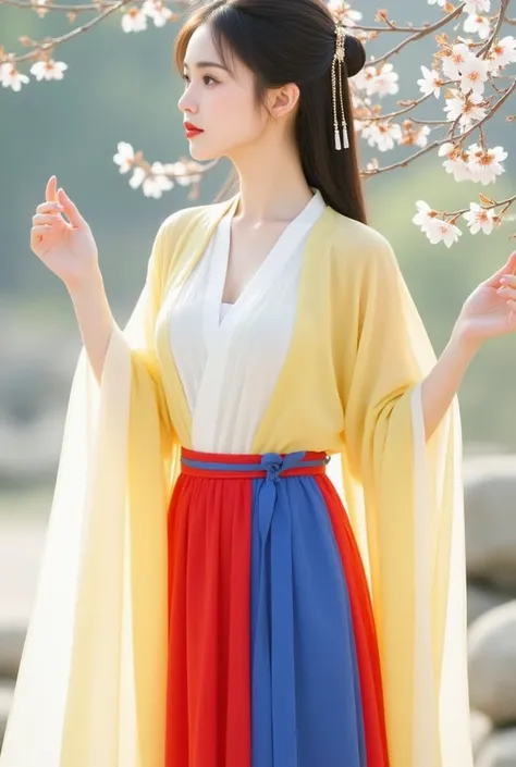 The image depicts a young woman dressed in traditional Hanfu attire. She is wearing a flowing yellow robe layered with white, along with a vibrant red and blue skirt. Her hair is styled elegantly with a decorative hairpin, complementing the serene and natu...