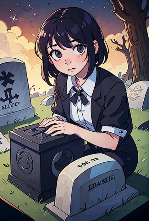 A sad one in front of a tombstone 