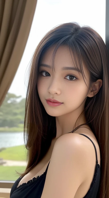 (age19:1.2)、(top-quality、8k、​masterpiece：1.3))、sharp focus：1.2、Beautiful Japan woman in perfect style：1.4、Slender Abs：1.2、slender、((dark brown hair、 colossal tits：1.2))、(natural soft light、Bedrooms:1.1)、Highly detailed facial and skin texture、A detailed ey...