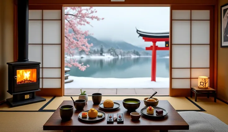 Inside a serene Japanese ryokan, the gentle glow of a crackling woodstove casts a warm and inviting light across the tatami-covered floor. A low wooden chabudai table is carefully arranged with steaming matcha tea in handcrafted ceramic cups, an elegant sa...