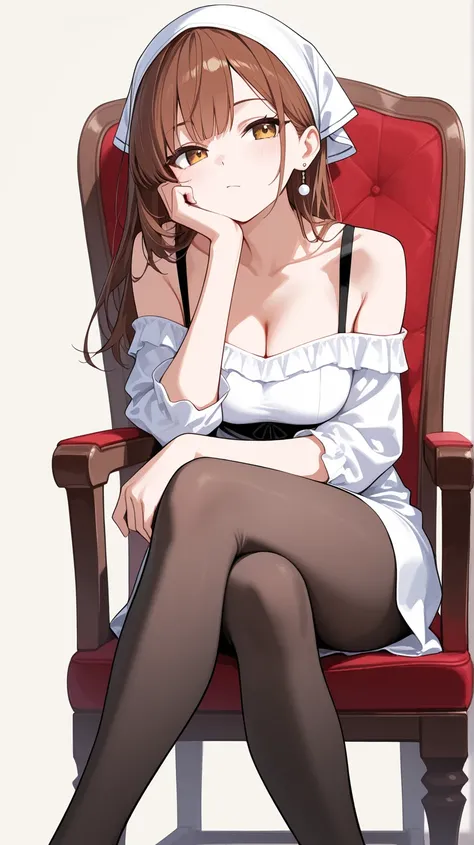 1girl, solo, United, brown hair, breasts, cleavage, hair bandana, collarbone, bare shoulders, hand on own chin, hand on own face, hand on own cheek, pantyhose, dress, earrings,  crossed legs, head rest, simple background, feet out of frame, chair, masterpi...