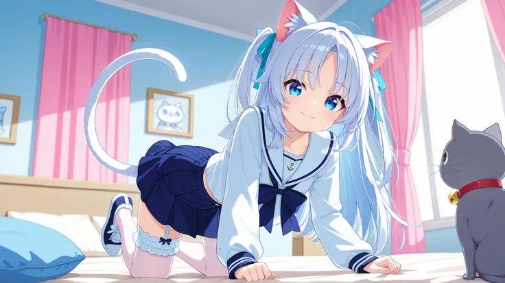 Nekomiya mana long bluish white hair with navy blue hair extensions 
A kawaiii-themed girl, Neko, wears a hybrid uniform between the classic Japanese sailor school uniform and a tennis suit..  She wears a short skirt with folds in navy blue and shades whit...