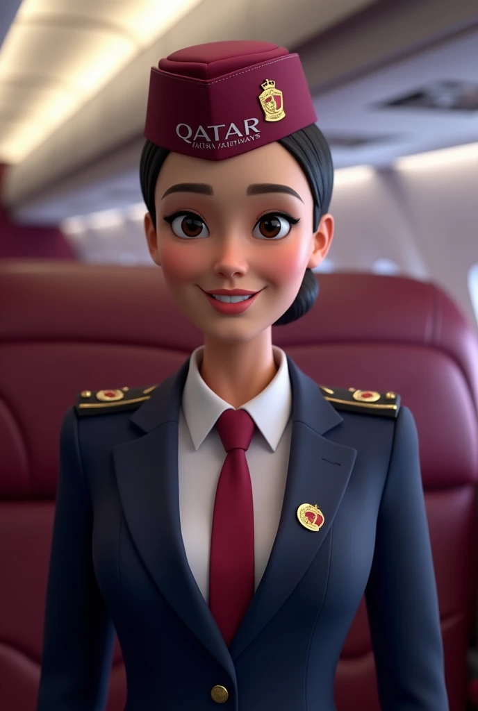 ai avatar of qatar flight attendant (wearing their standard uniform and their cap) featuring the background of qatar airlines. 