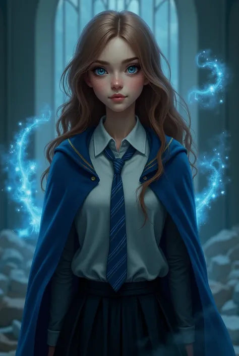 
1. The character is a medium-height, slender, white girl, with soft blue-green eyes and brown hair. Her hair is long and a little bit wavy. She is around 20 years old and looks serious. She has freckles. She is wearing a Ravenclaw uniform (shirt with a ti...