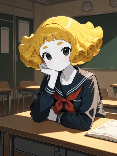  yellow head,  white skin,  black eyes, Woman 1,  with bangs,  wave hair, Short hair,  inside the school